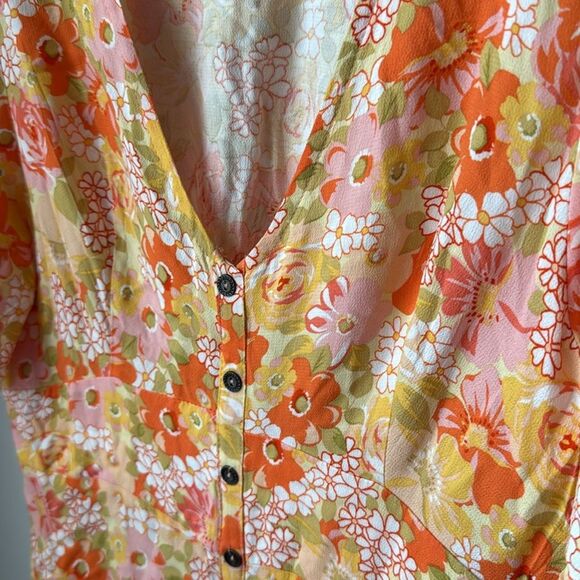 Rewind Floral Bright Colorful Button Front Flutter Sleeve Skater Dress - Picture 6 of 8